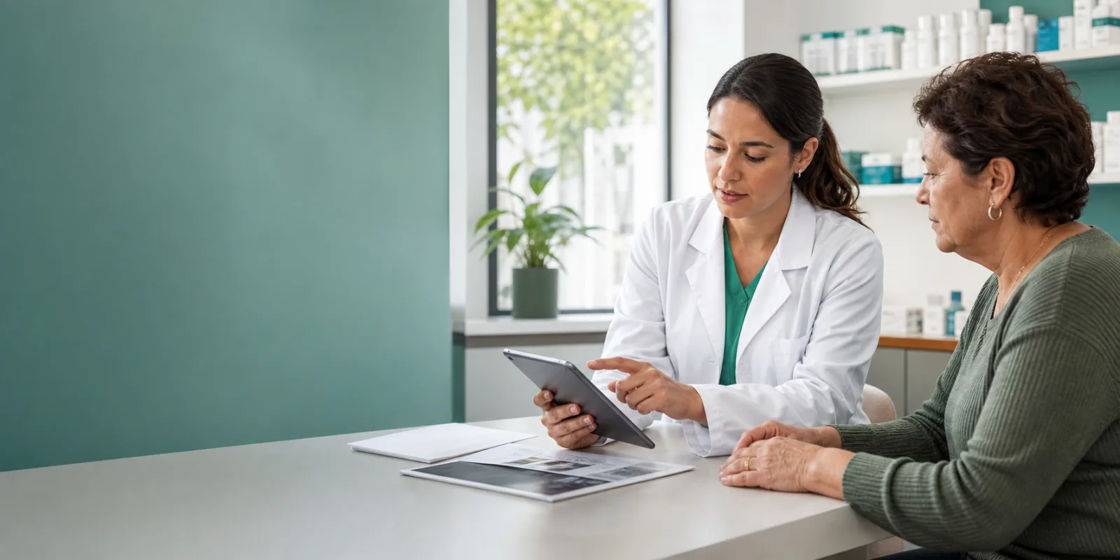 Farmacêutica e paciente observando juntas informações sobre o tratamento em um tablet.