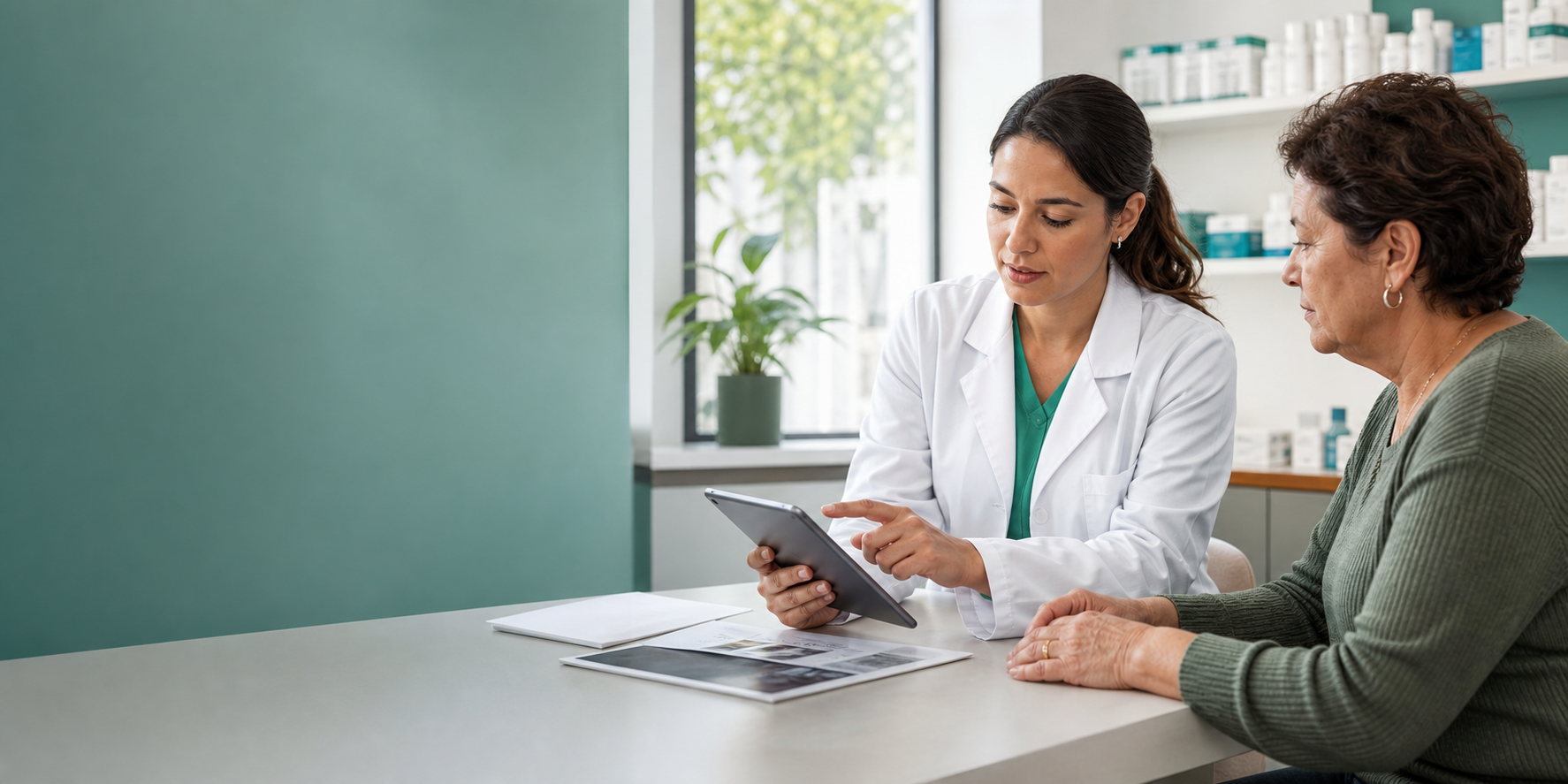 Farmacêutica revisando anexos de receita em um tablet durante conversa com uma paciente.